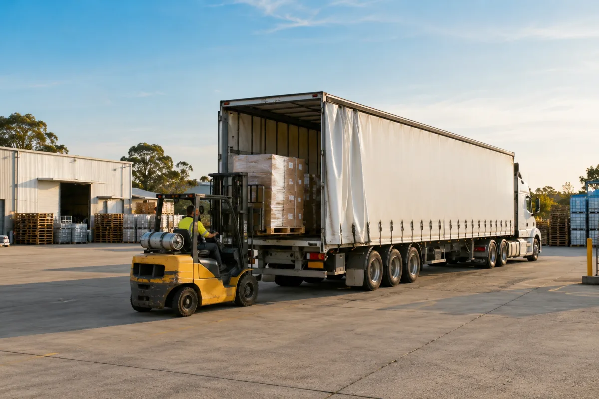 Forklift loading a trailer at a Brisbane depot for the Townsville run