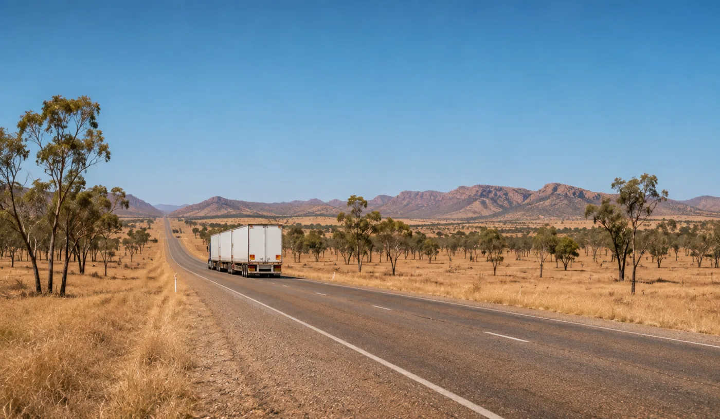 Road train heading west from Townsville into open savannah on the Flinders Highway