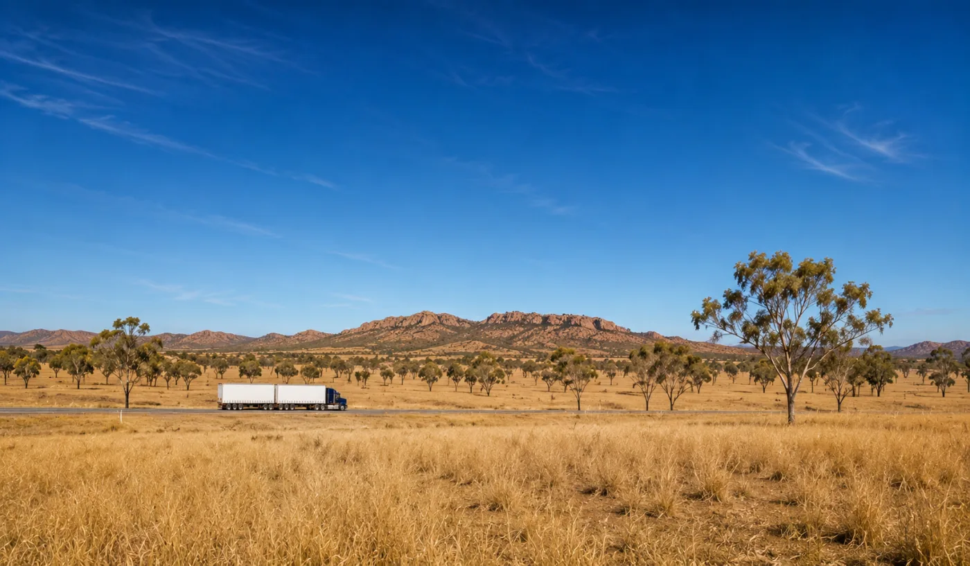 Open dry-tropics grazing country with a semi-trailer on the highway