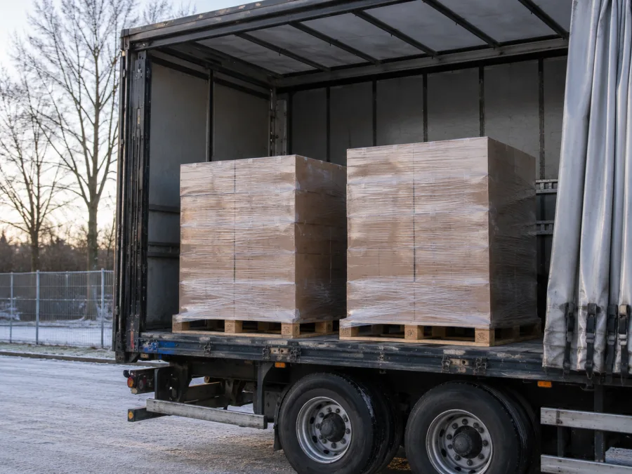 Wrapped pallets on a trailer on a frosty Canberra morning