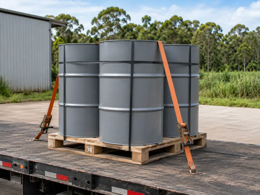 Sealed drums banded on a pallet and strapped to a trailer deck