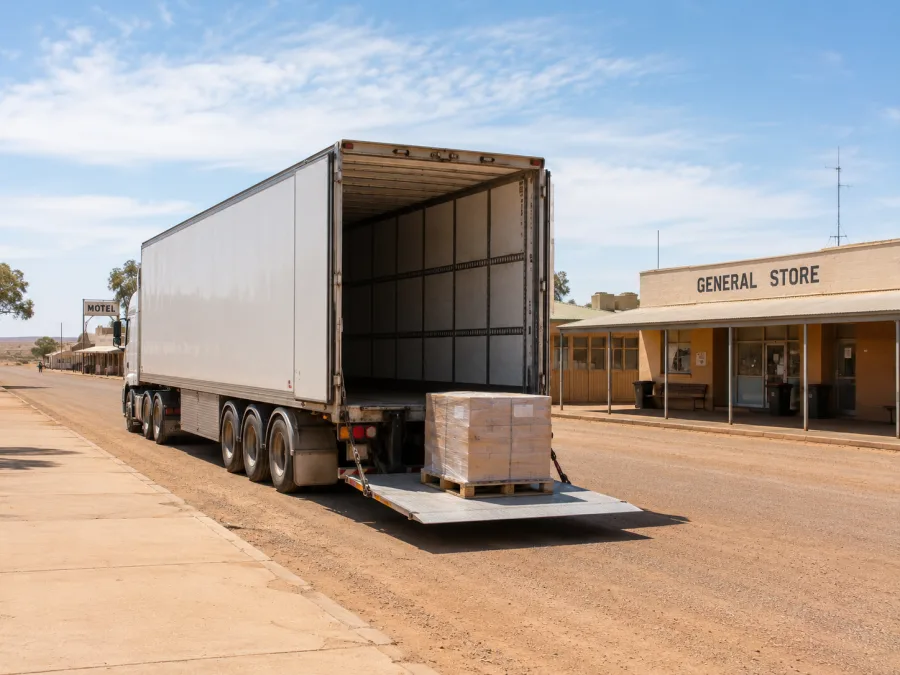 Pallet delivered on the main street of a remote Stuart Highway town