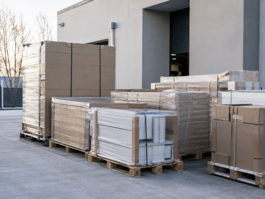 Flat-packed office fit-out components palletised for the run north