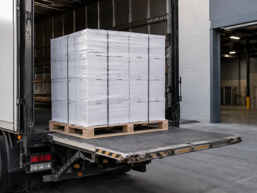 Wrapped archive cartons palletised on a tail-lift for an institutional relocation