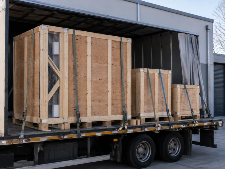 Braced timber crates with padding strapped on a trailer for a technical equipment move