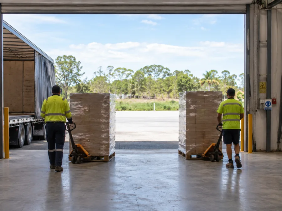 Workers moving pallets at a Darwin distribution dock