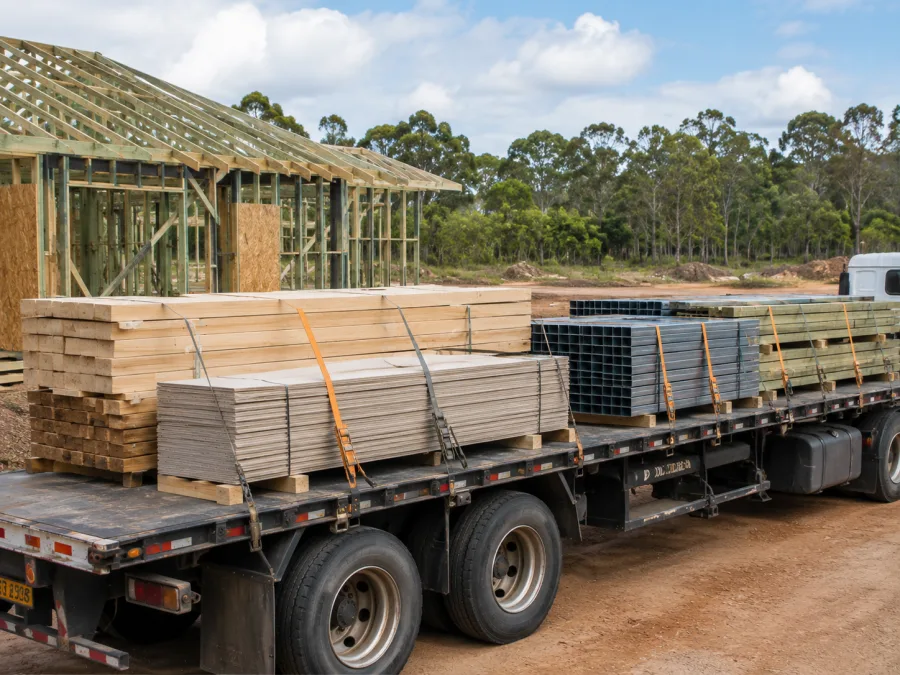 Timber and cladding on a trailer at a Palmerston building site