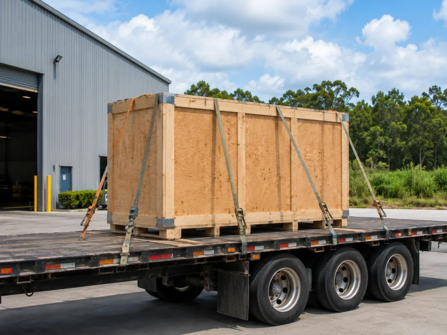 Timber-crated machine strapped on a trailer at a Darwin industrial site