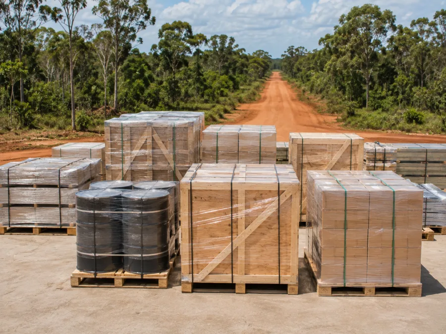 Heavily wrapped freight staged for onward delivery to a remote Top End community