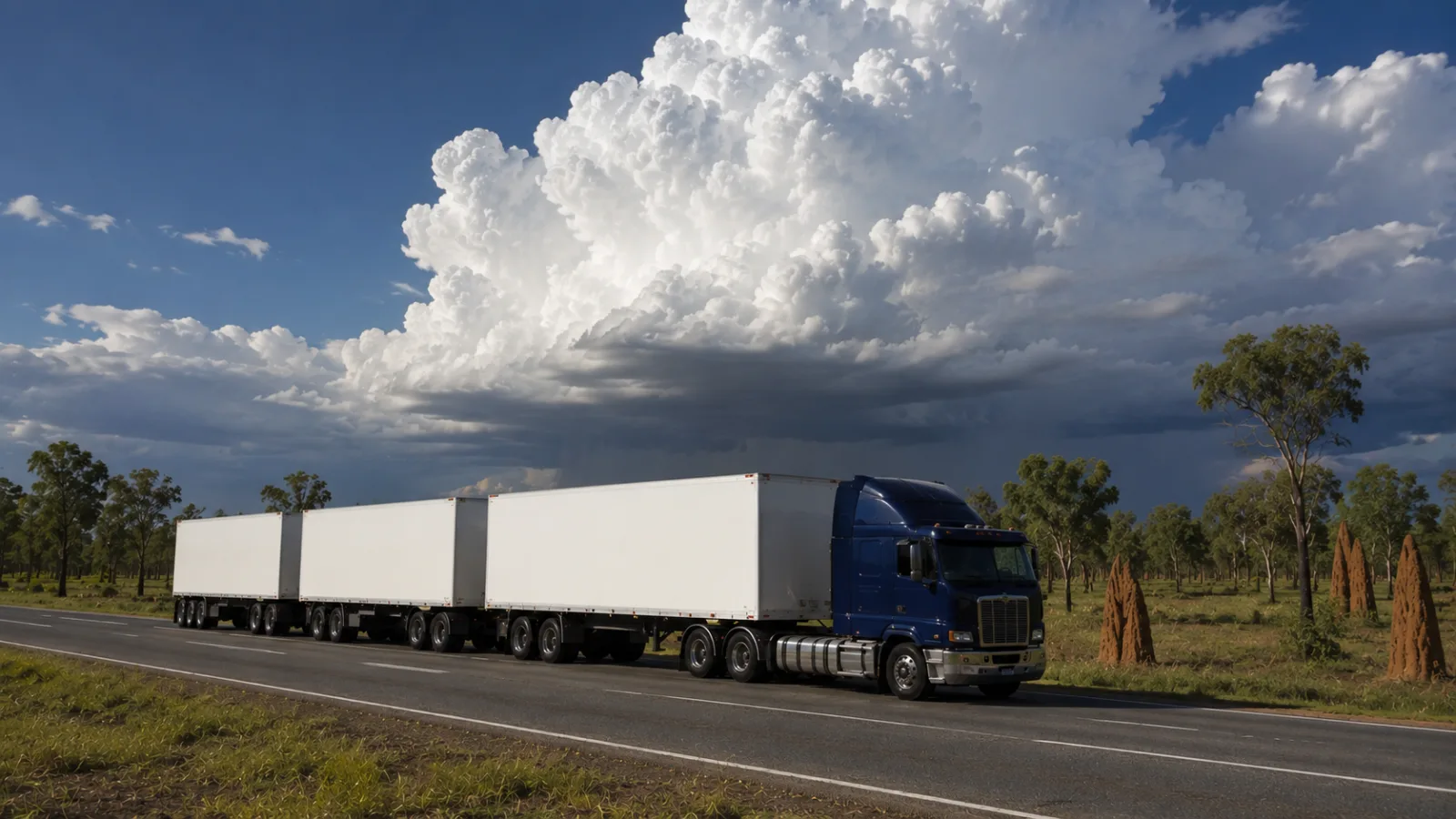 Road train on the Stuart Highway through Top End savannah with storm cloud building