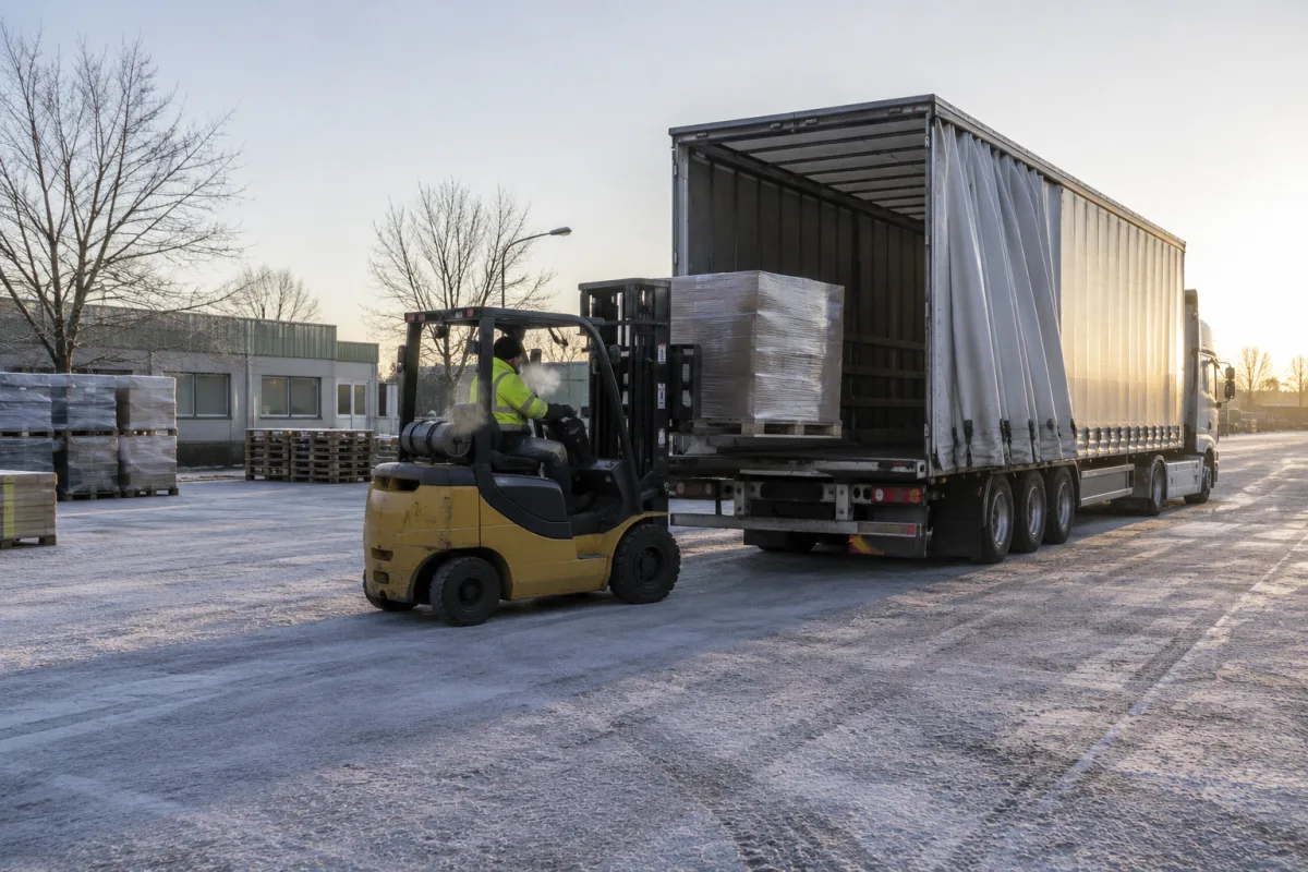 Forklift loading a trailer on a frosty Canberra morning for the northbound run
