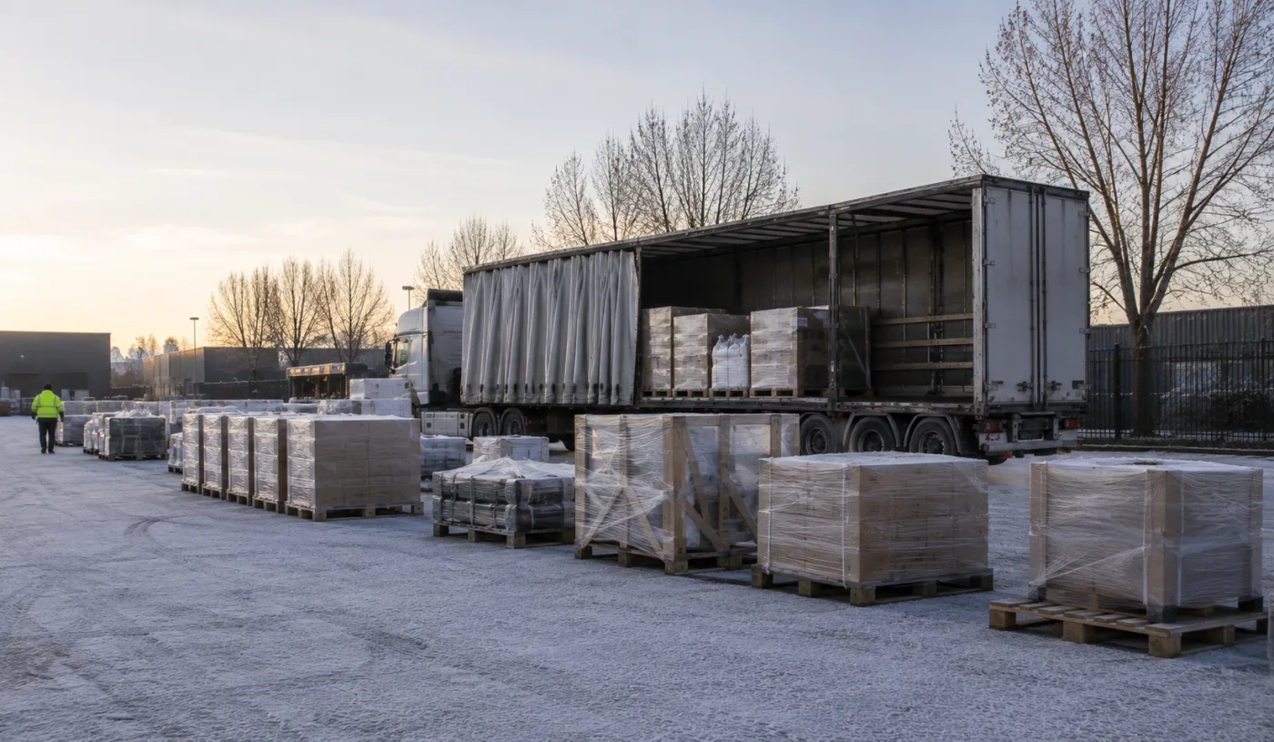 Pallets staged on a frosty Canberra hardstand waiting for a northbound load