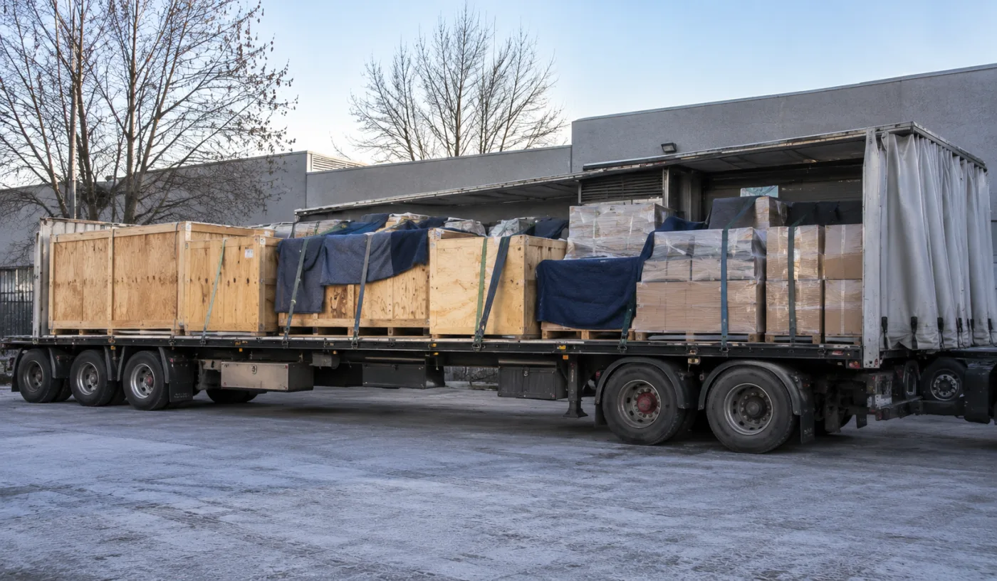 Crated office equipment and archive cartons strapped on a trailer in Canberra