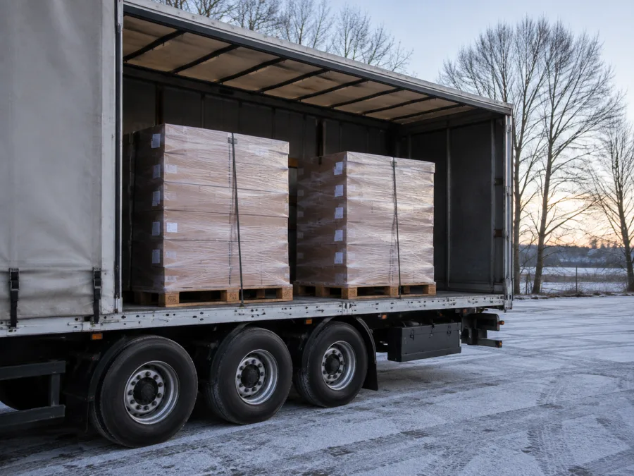 Wrapped pallets on a trailer on a frosty Canberra morning