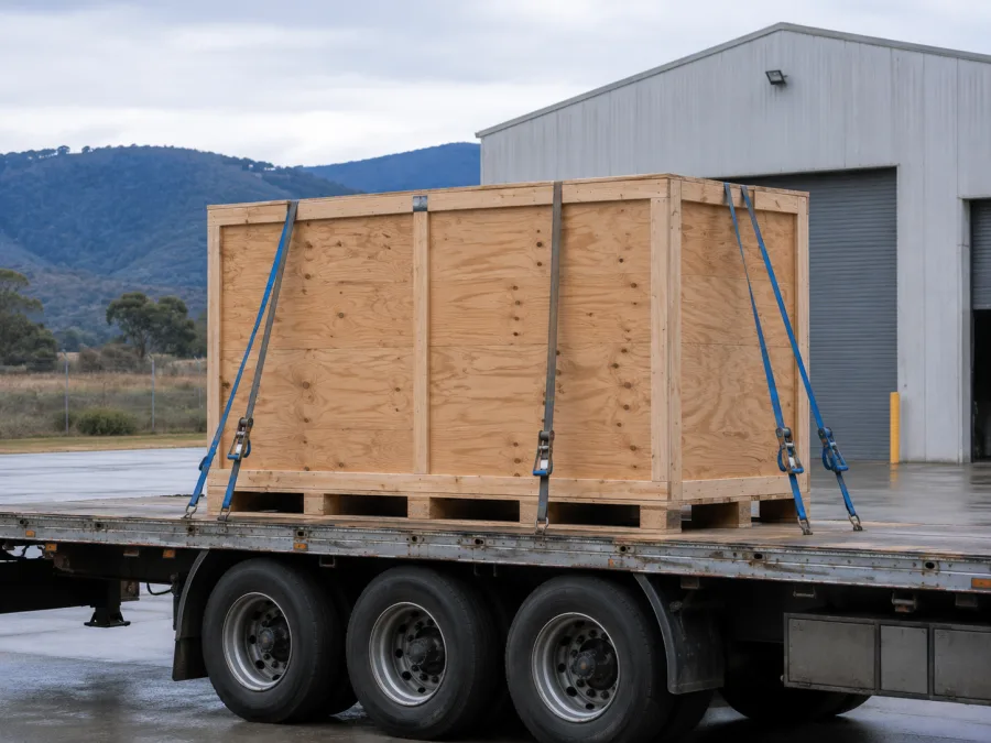 Timber-crated machine strapped on a trailer at a Hobart industrial site