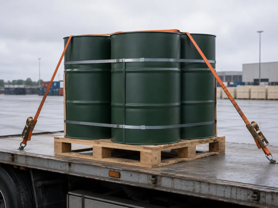 Sealed drums banded on a pallet and strapped to a trailer deck