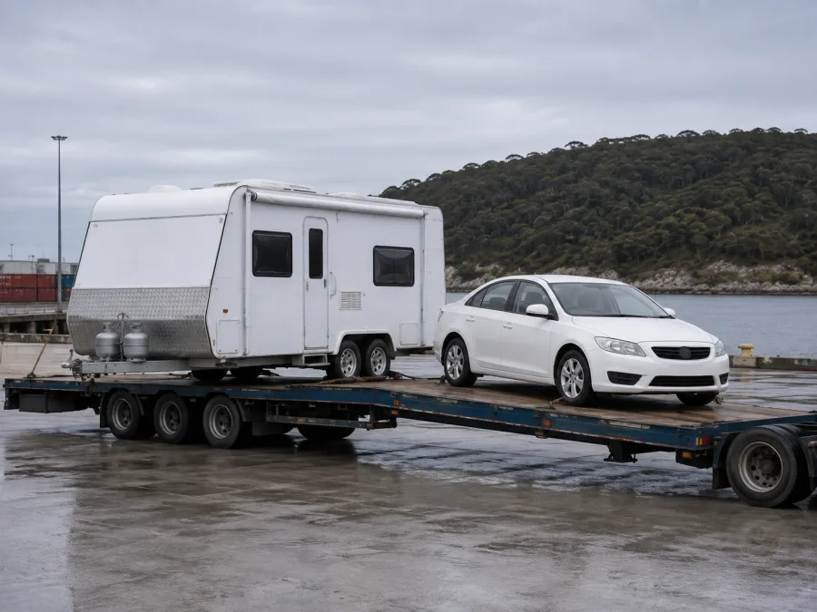Car and caravan loaded on a drop-deck at a ferry terminal