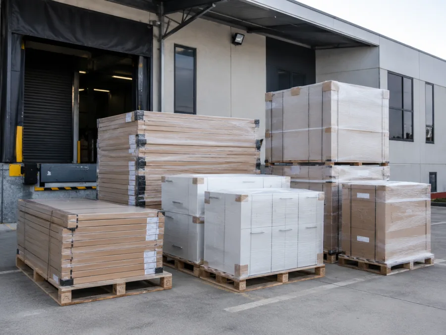 Flat-packed office fit-out components palletised for the run to Tasmania
