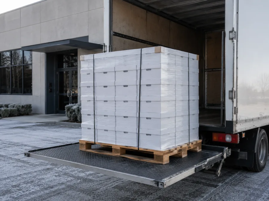 Wrapped archive cartons on a tail-lift for an institutional relocation