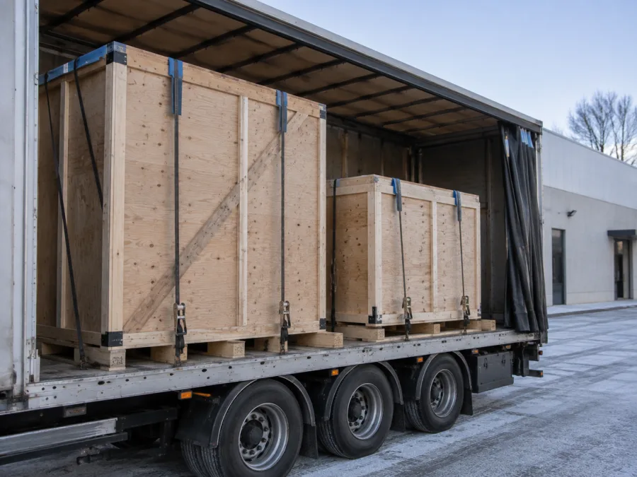 Braced timber crates strapped on a trailer for a technical equipment move