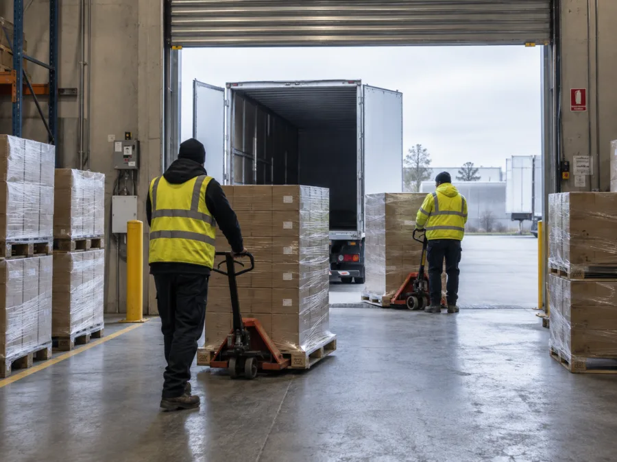 Workers moving pallets at a Hobart distribution dock