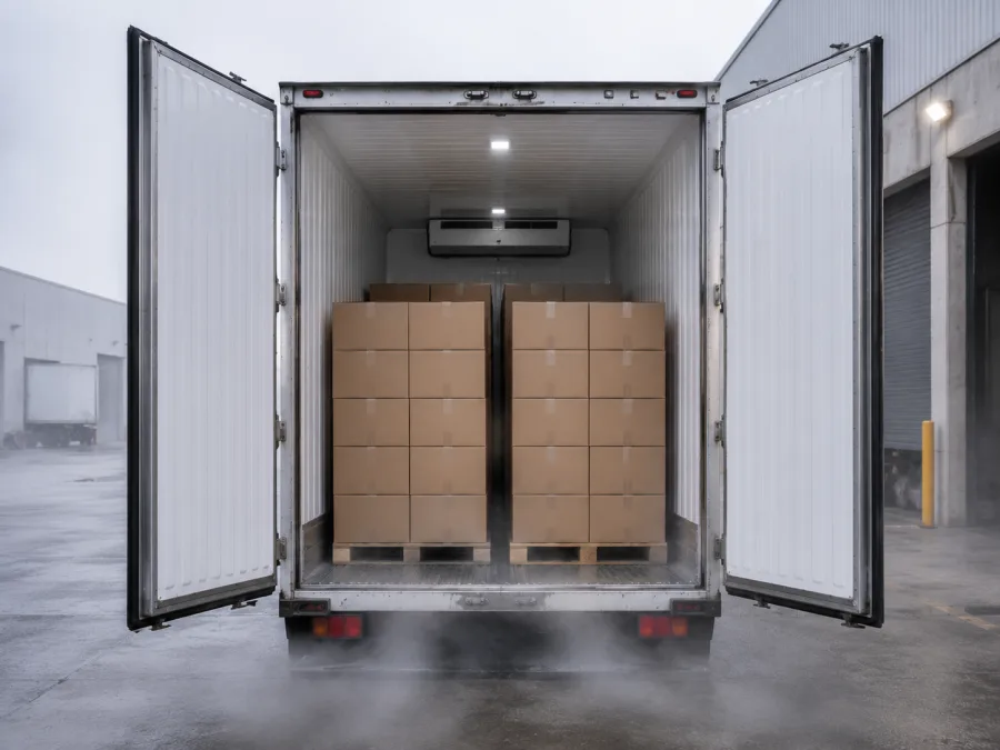Open refrigerated trailer loaded with chilled cartons for the crossing