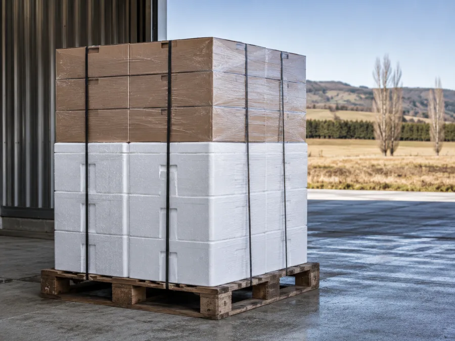 Insulated produce boxes palletised at a Tasmanian packing shed