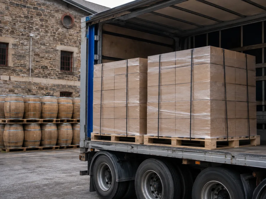 Palletised cased beverage and oak barrels at a Tasmanian producer