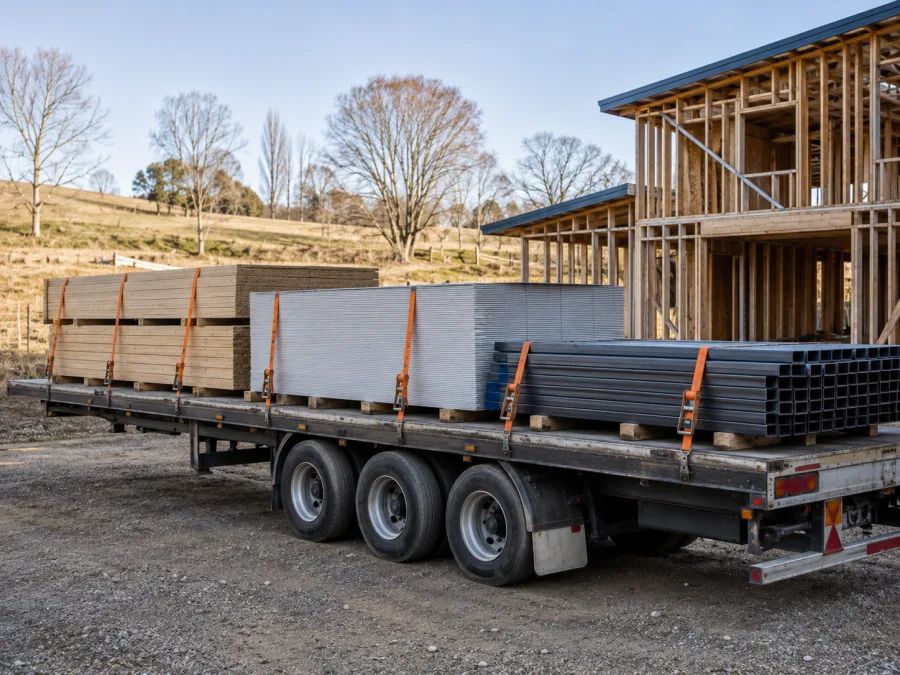 Timber and cladding on a trailer at a southern Tasmanian building site