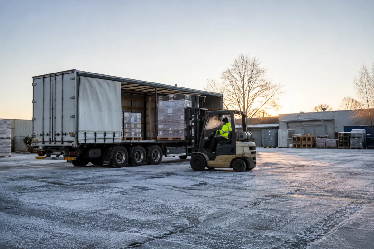 Forklift loading a trailer on a frosty Canberra morning for the Tasmania run