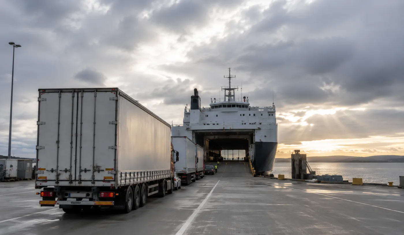 Semi-trailer at the head of the queue beside an unmarked vehicle ferry ramp