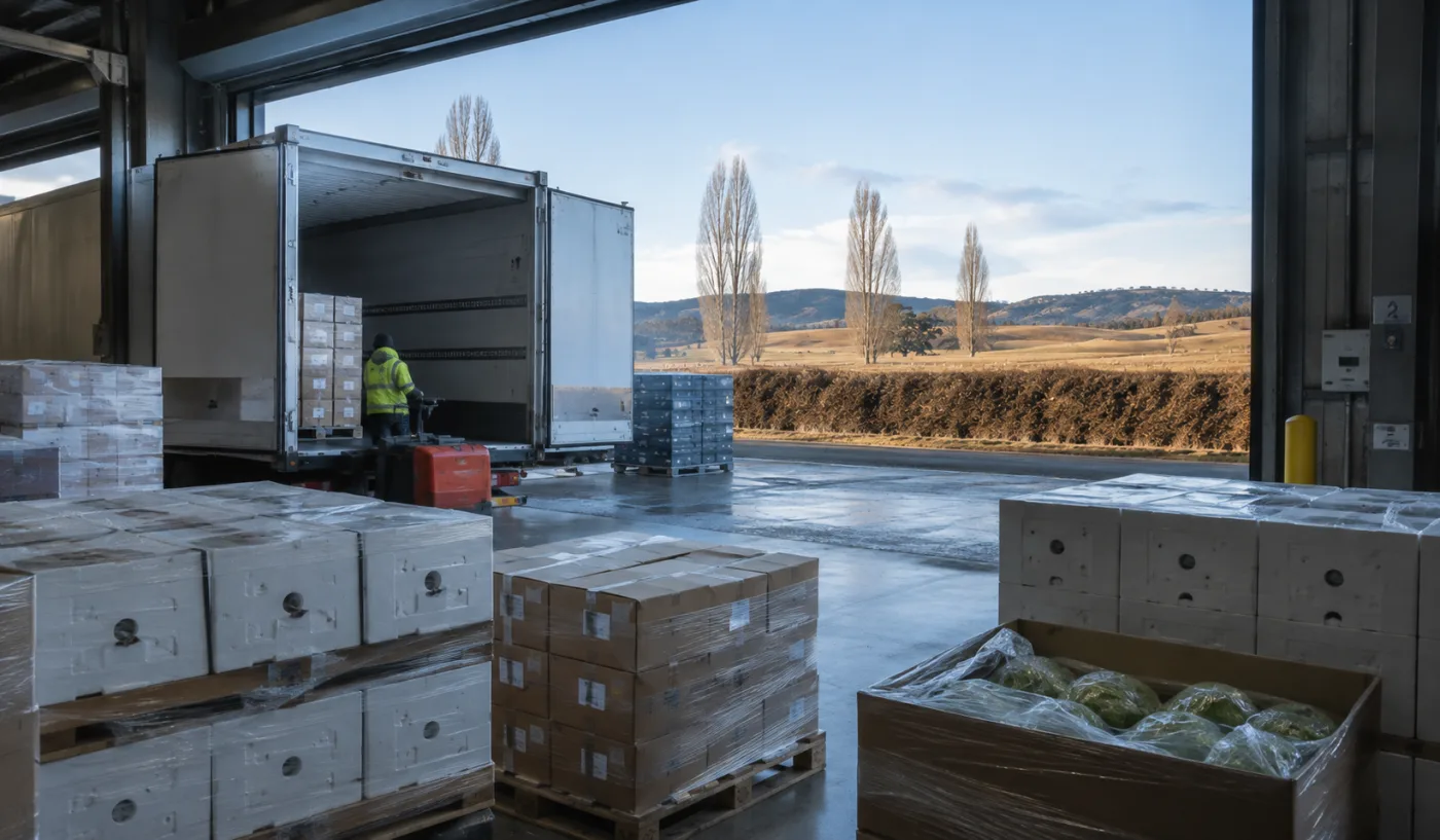 Insulated produce cartons staged on a refrigerated dock in the Tasmanian midlands