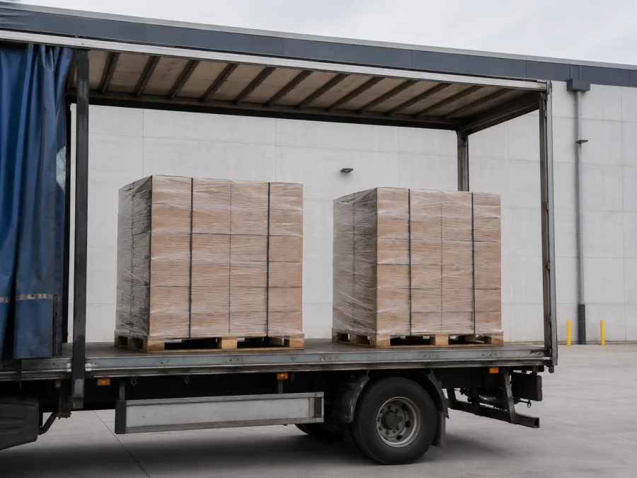 Wrapped pallets on a trailer at a Melbourne western estate dock