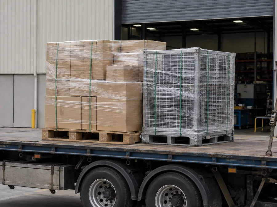 Palletised automotive parts and a steel cage strapped on a trailer deck