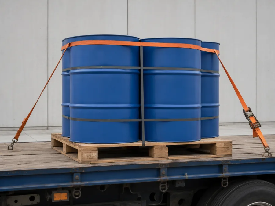 Sealed drums banded on a pallet and strapped to a trailer deck