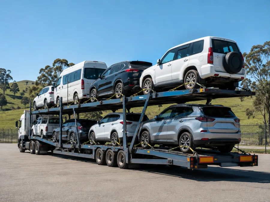 Loaded car carrier at a yard with green tablelands country behind