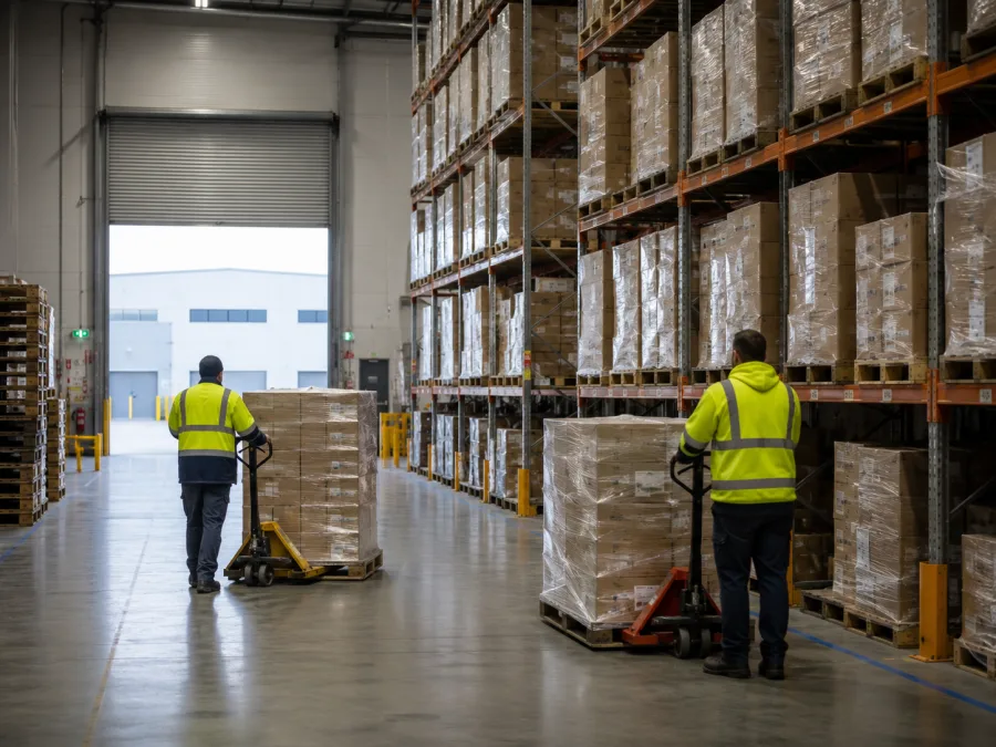 Workers moving pallets inside a Melbourne distribution centre