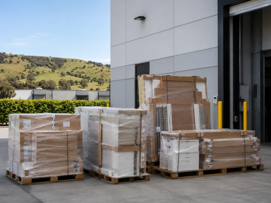 Flat-packed office fit-out components palletised at a Canberra dock