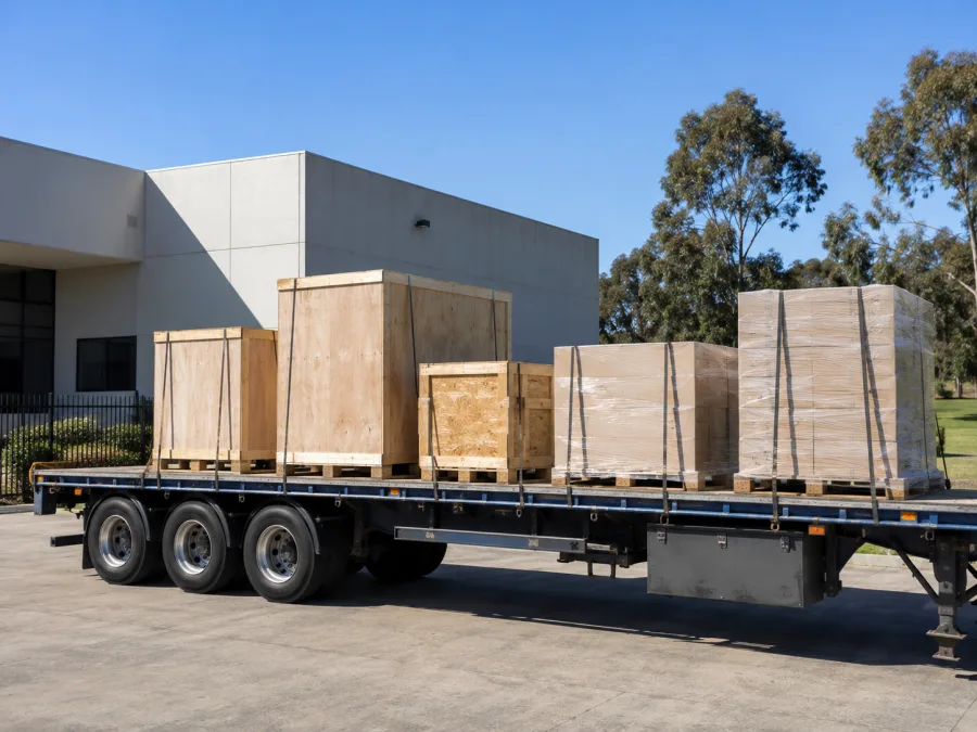 Crated equipment and pallets strapped on a trailer at a Canberra institutional site