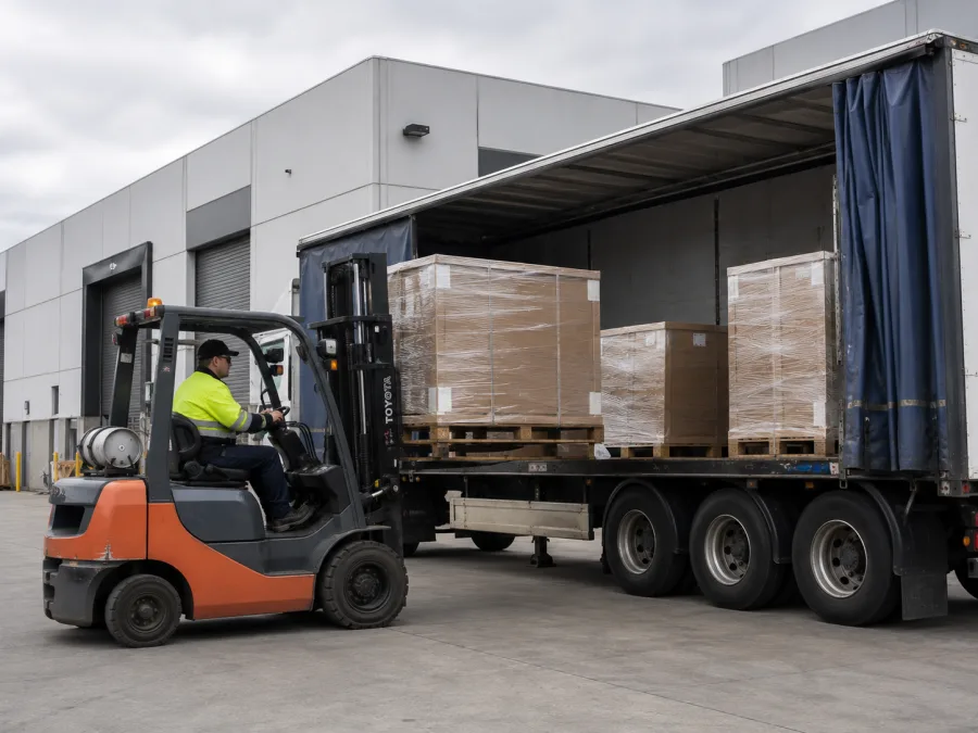 Manufactured product loaded at a Victorian factory for the run north