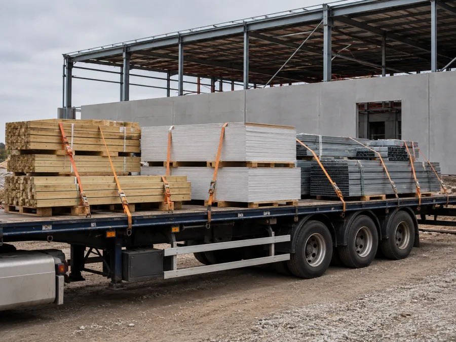 Timber and plasterboard on a trailer at a commercial construction site