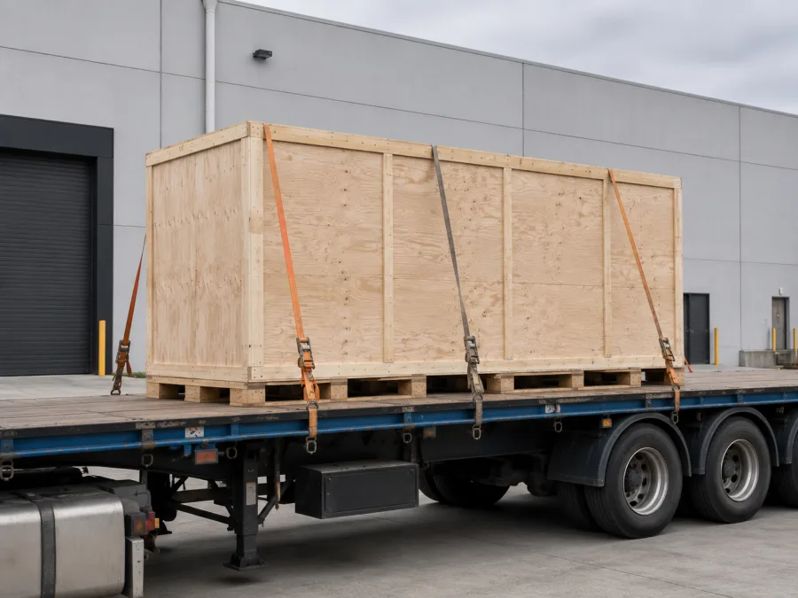 Timber-crated machine strapped on a trailer at a Melbourne industrial site