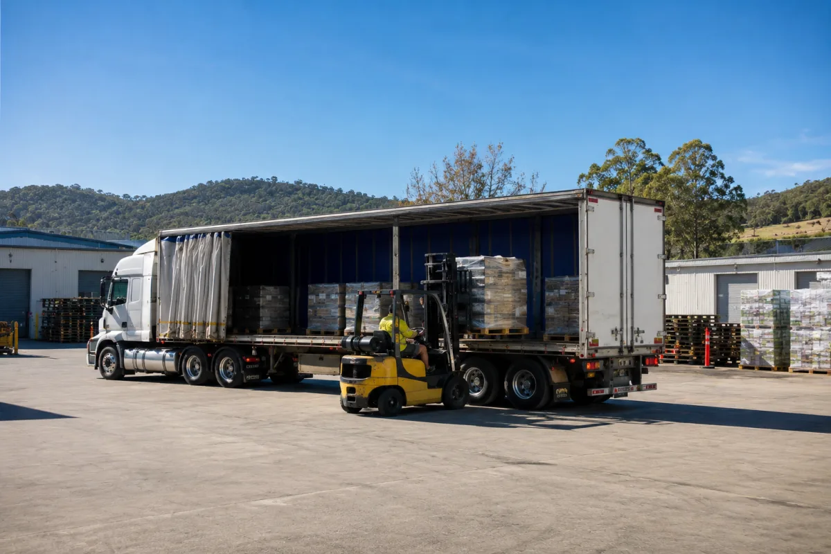 Forklift loading a trailer at a Fyshwick depot for the Melbourne run