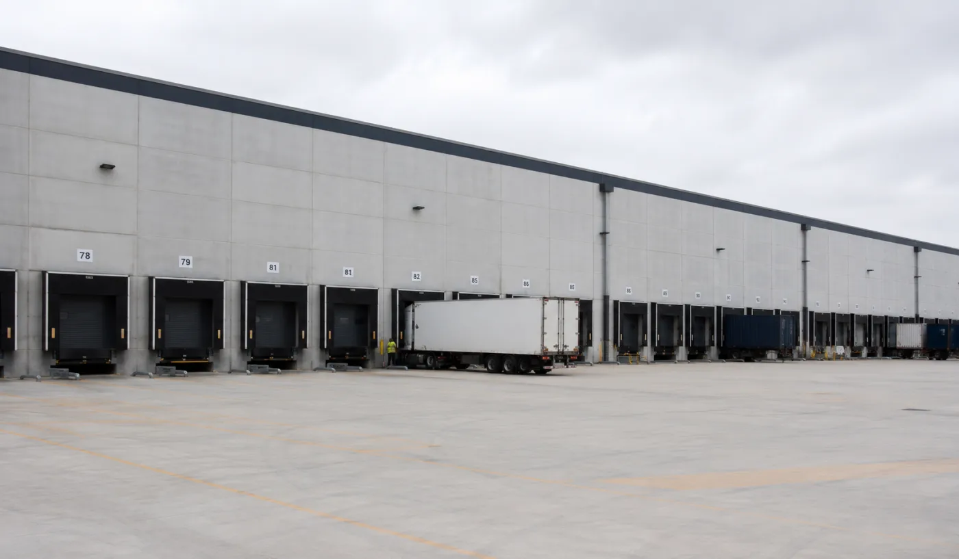 Trailer docked against a large distribution centre in Melbourne's western estates
