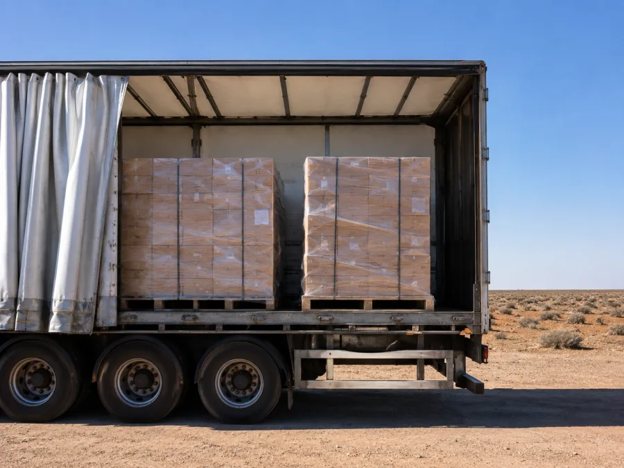 Wrapped pallets on a trailer with the flat saltbush plain behind