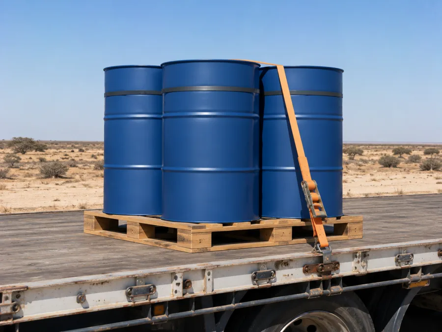 Sealed drums banded on a pallet and strapped to a trailer deck
