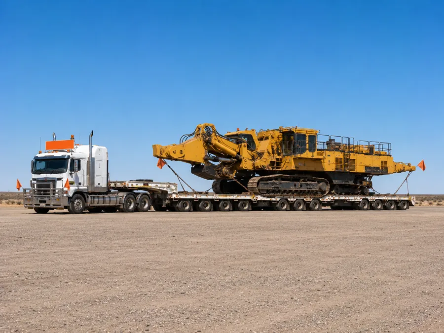 Oversize machine on a multi-axle low-loader beside the Nullarbor highway
