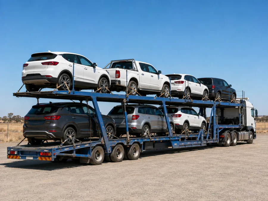 Loaded car carrier at a depot before the coast to coast run