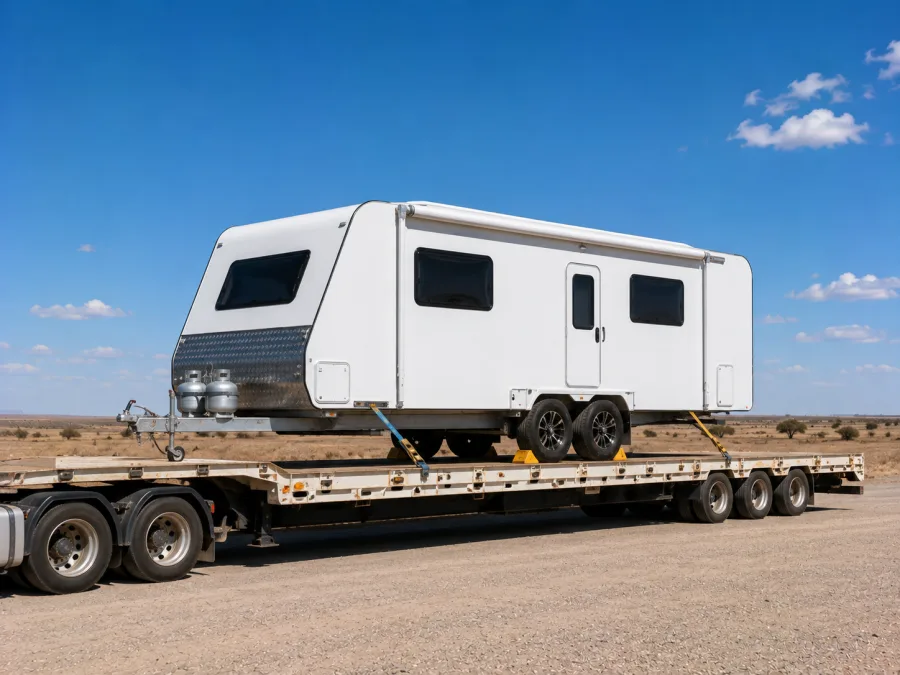 Touring caravan strapped on a drop-deck crossing the Nullarbor