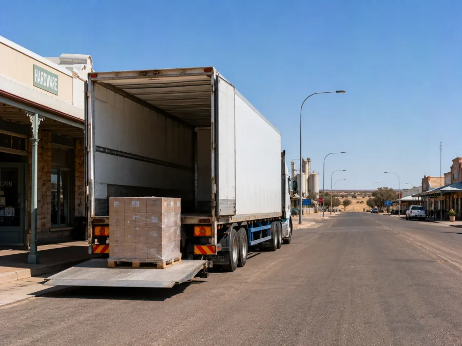 Pallet delivered on the main street of a flat inland town on the westbound corridor